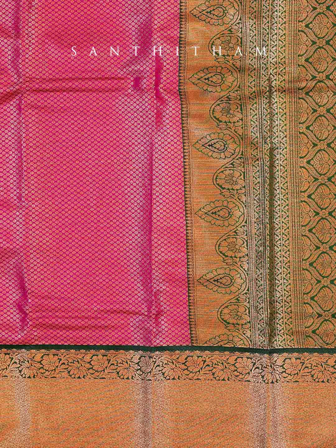 Electric pink and Forest Green Long border Semi Silk Saree