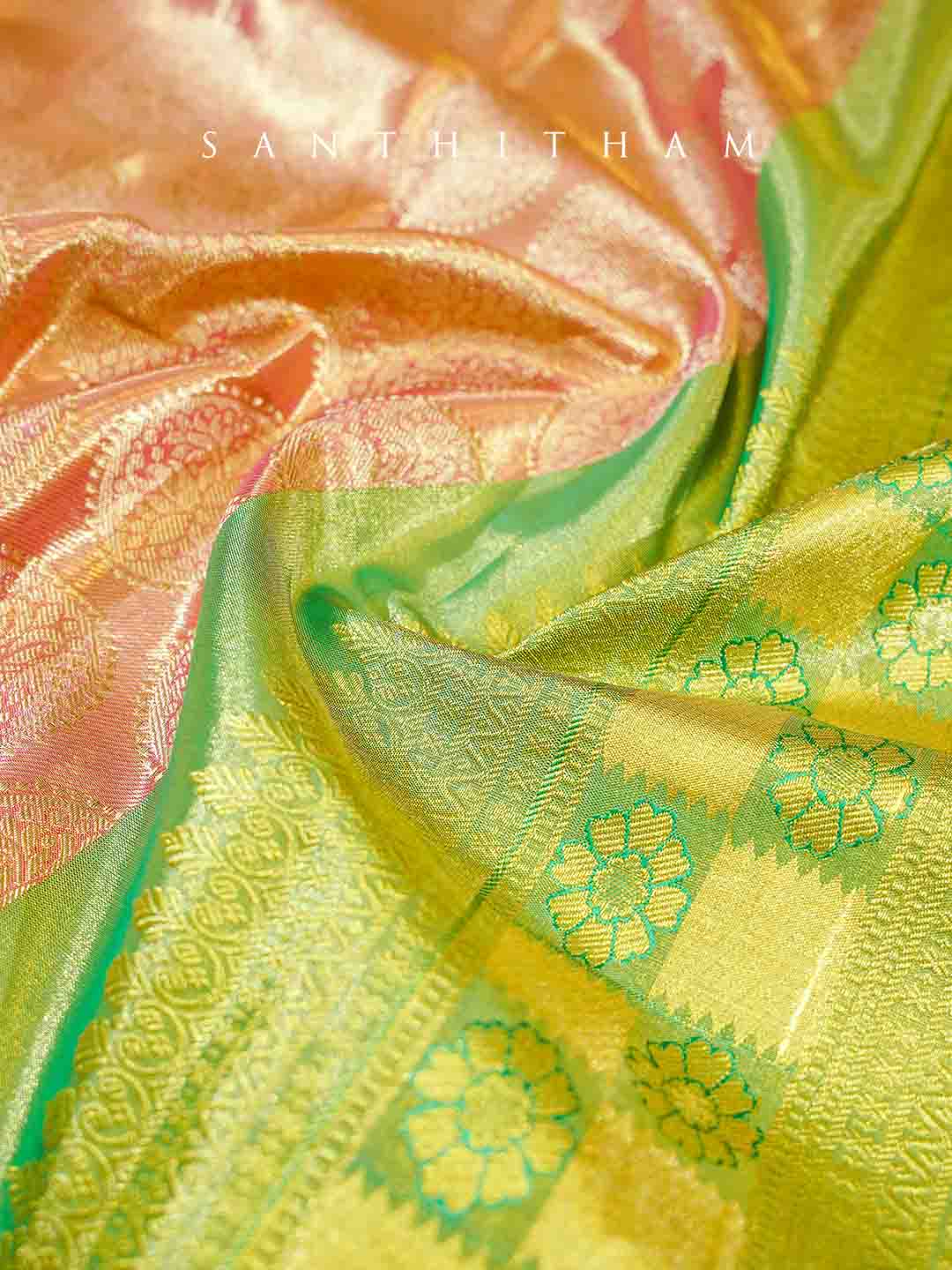 Lime Green and Pumpkin Orange Silk Saree