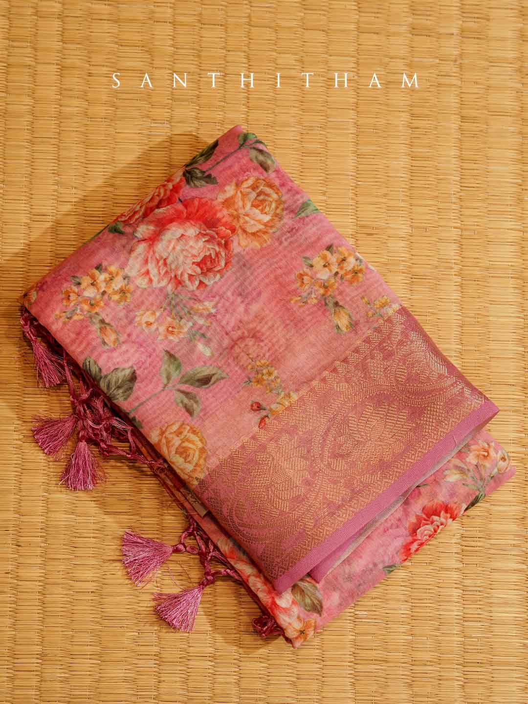 Baby Pink Floral Print Cotton Saree