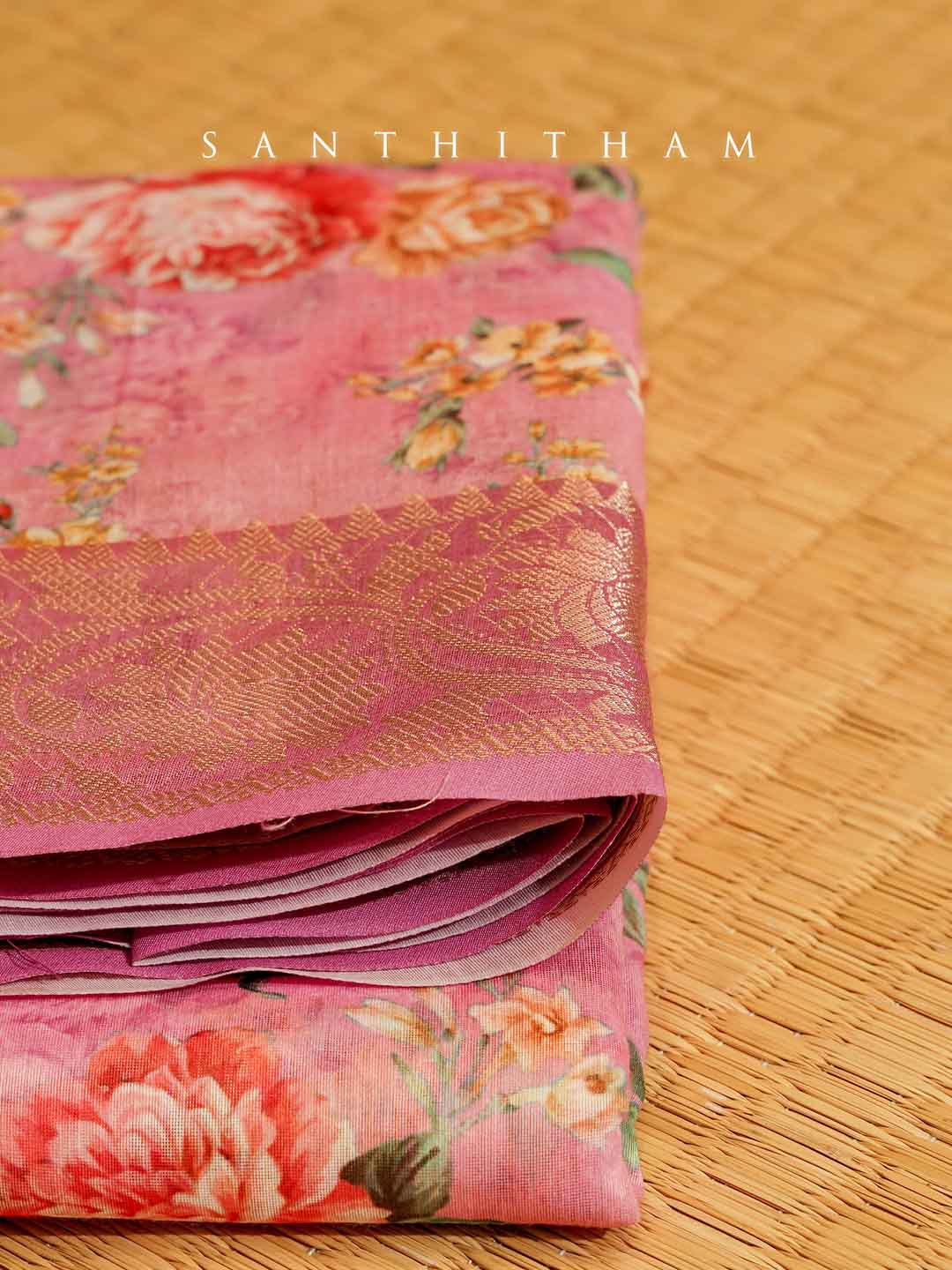 Baby Pink Floral Print Cotton Saree