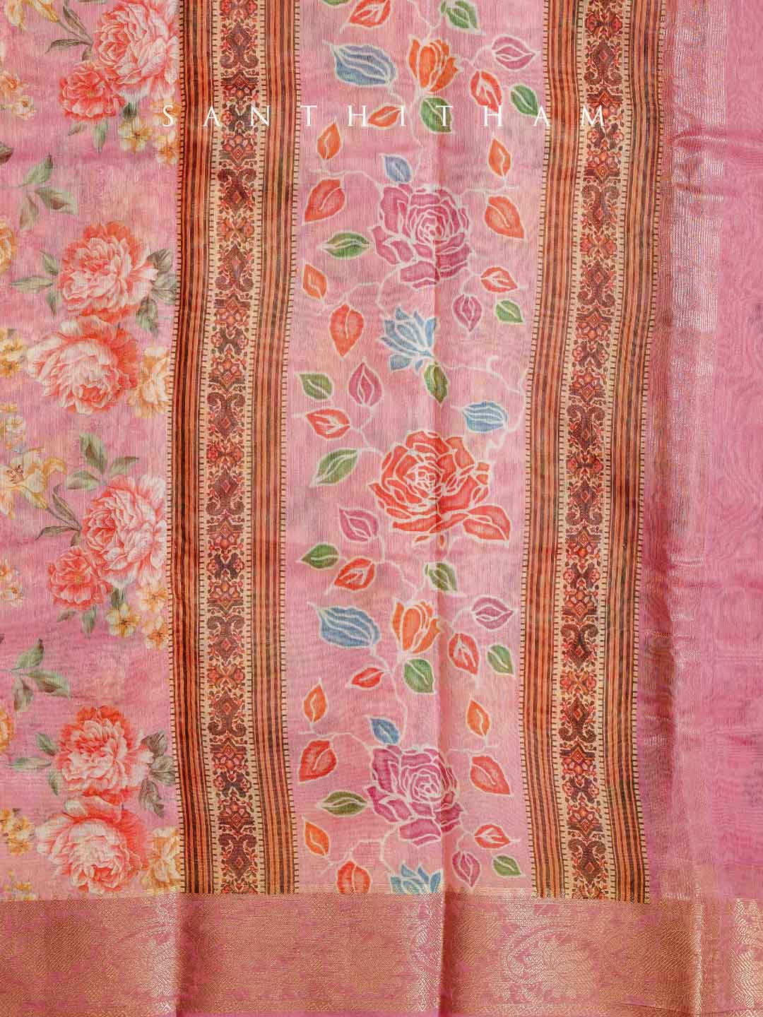 Baby Pink Floral Print Cotton Saree