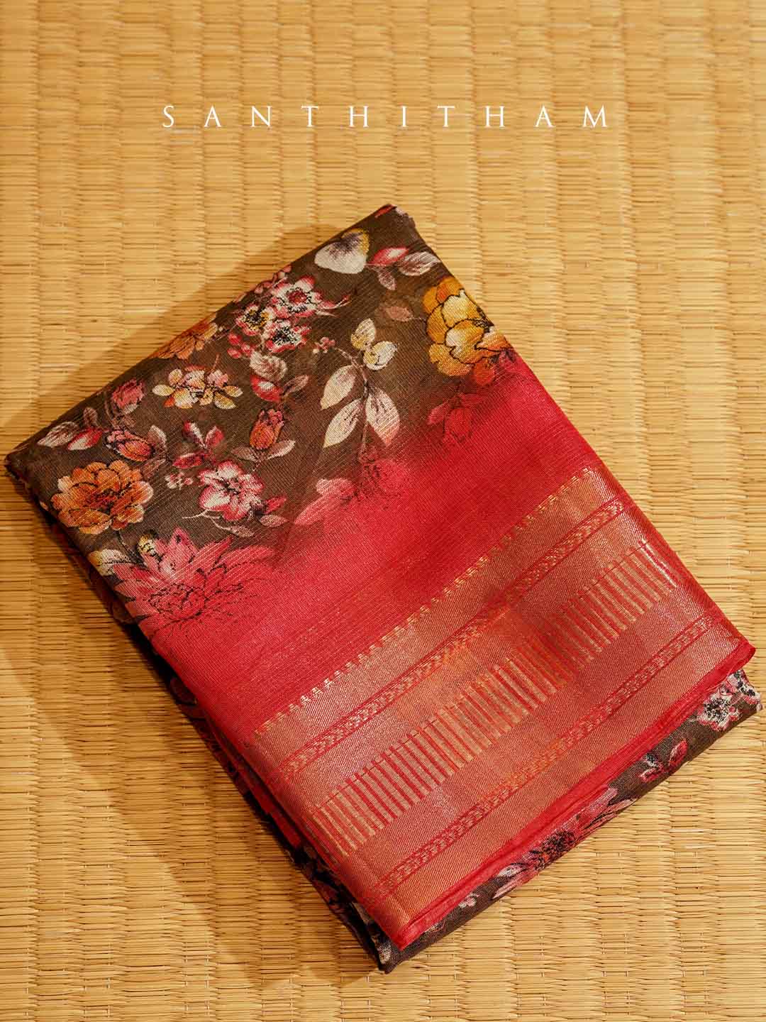 Coffee Brown and Crimson Red Floral Print Cotton Saree