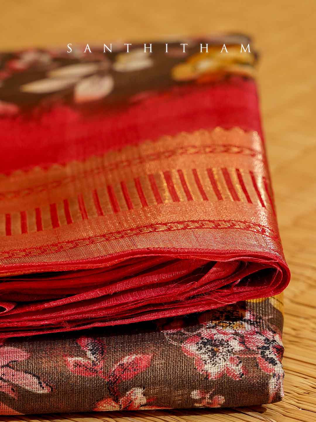 Coffee Brown and Crimson Red Floral Print Cotton Saree