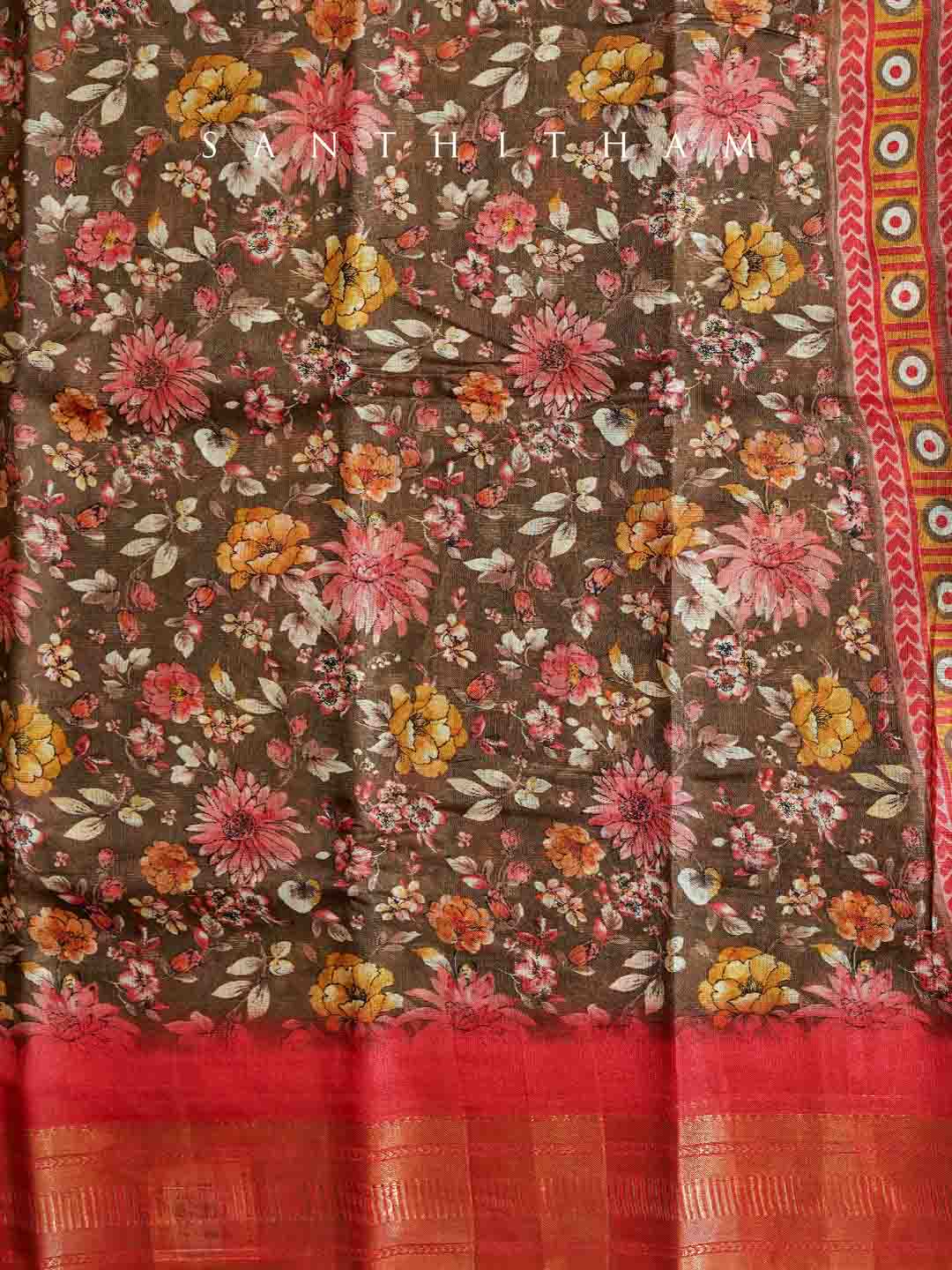 Coffee Brown and Crimson Red Floral Print Cotton Saree