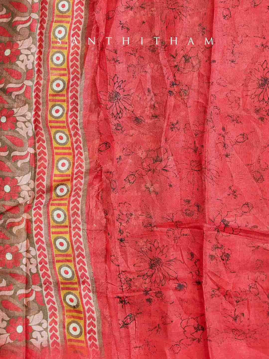 Coffee Brown and Crimson Red Floral Print Cotton Saree