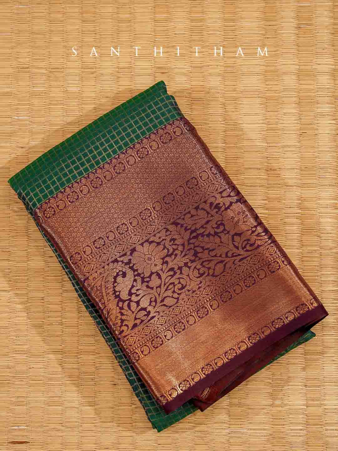 Emerald Green and Cocoa Brown Semi Silk Saree