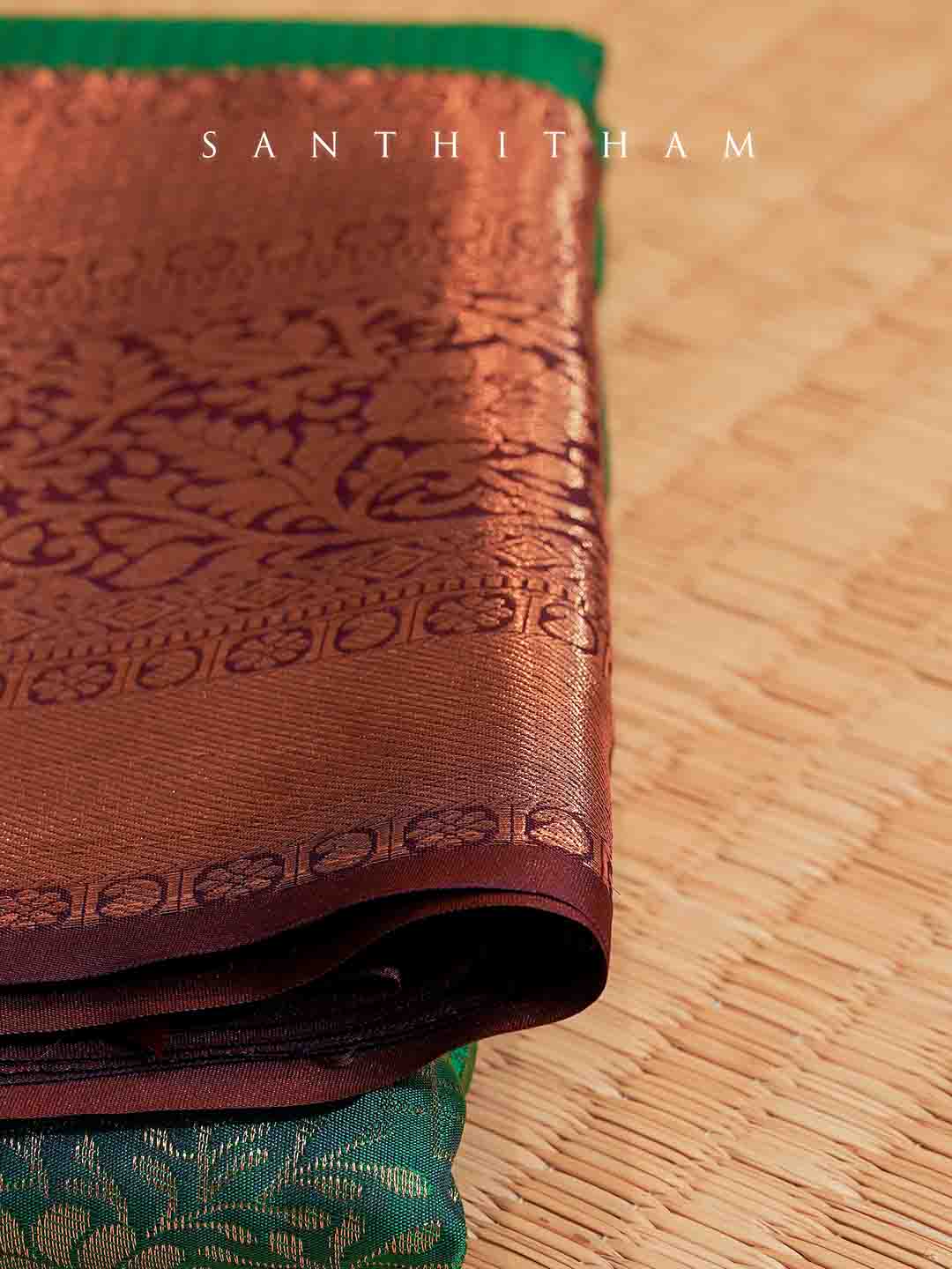 Emerald Green and Cocoa Brown Semi Silk Saree