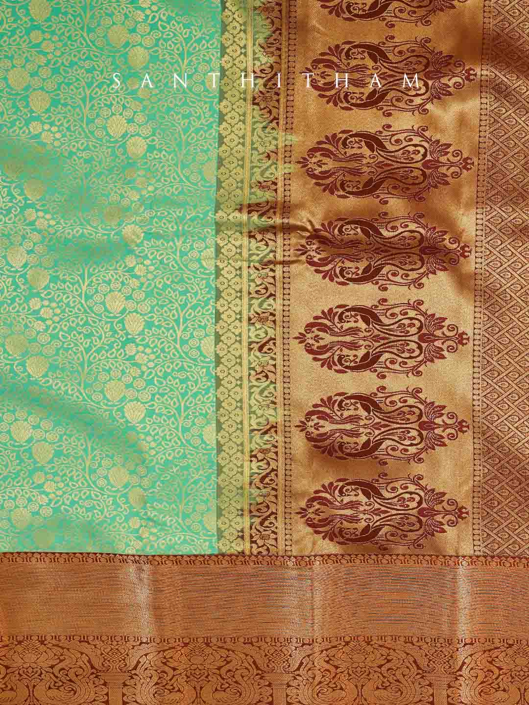 Dark Turquoise and Cocoa Brown Semi Silk Saree