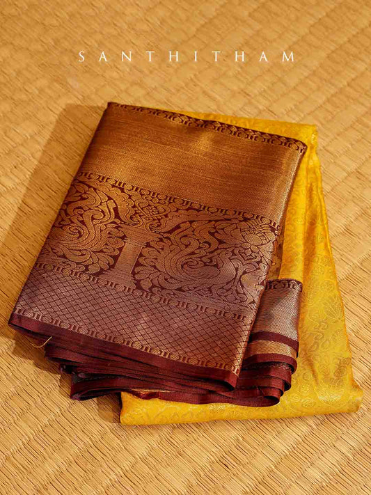 Pineapple Yellow and Cocoa Brown Semi Silk Saree