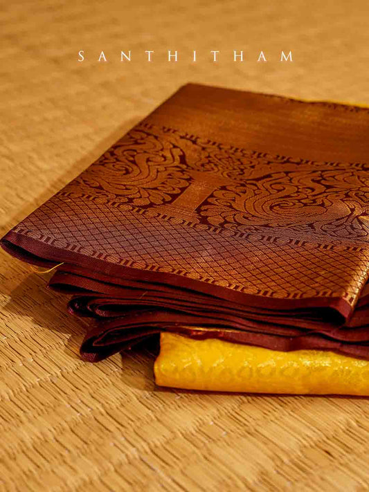 Pineapple Yellow and Cocoa Brown Semi Silk Saree