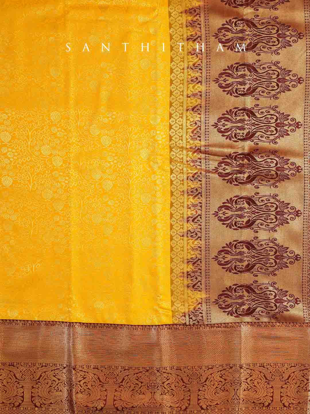 Pineapple Yellow and Cocoa Brown Semi Silk Saree