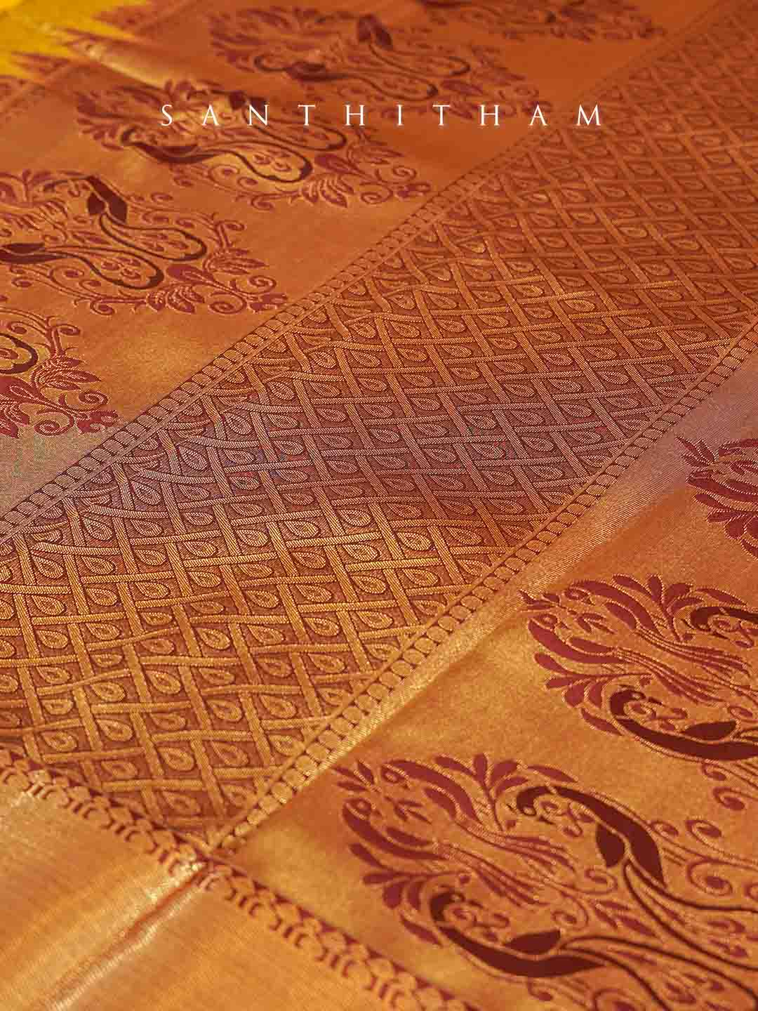 Pineapple Yellow and Cocoa Brown Semi Silk Saree