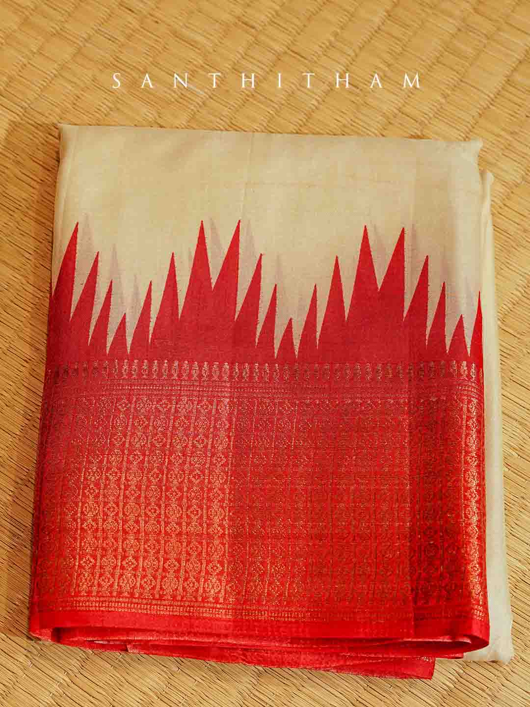 Off White and Scarlet Red Semi Silk Saree