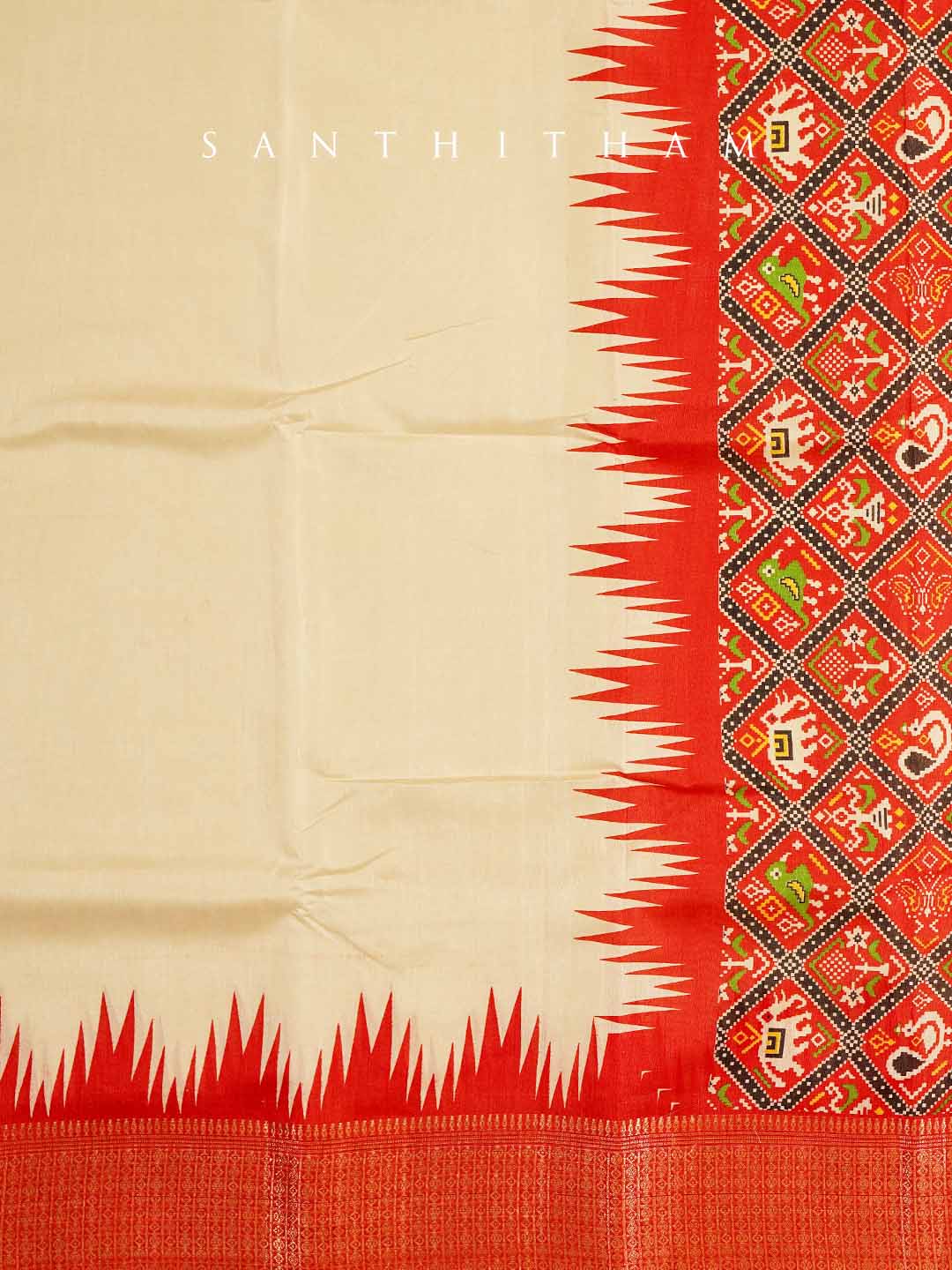 Off White and Scarlet Red Semi Silk Saree