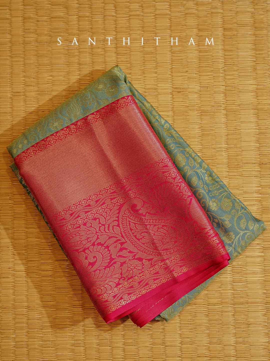 Powder Blue and Pinkish Red  Semi Silk Saree