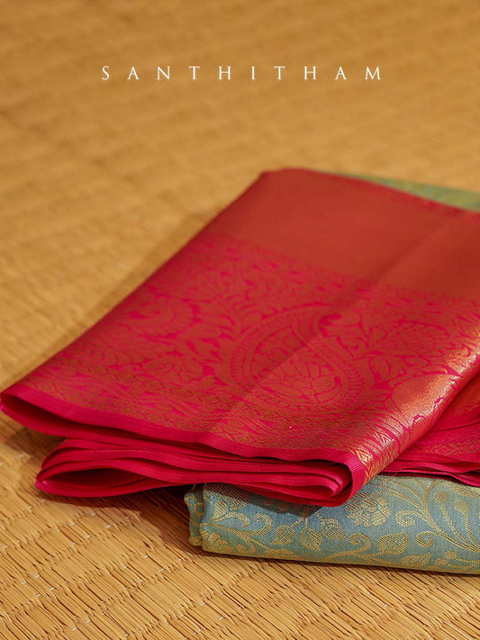 Powder Blue and Pinkish Red  Semi Silk Saree