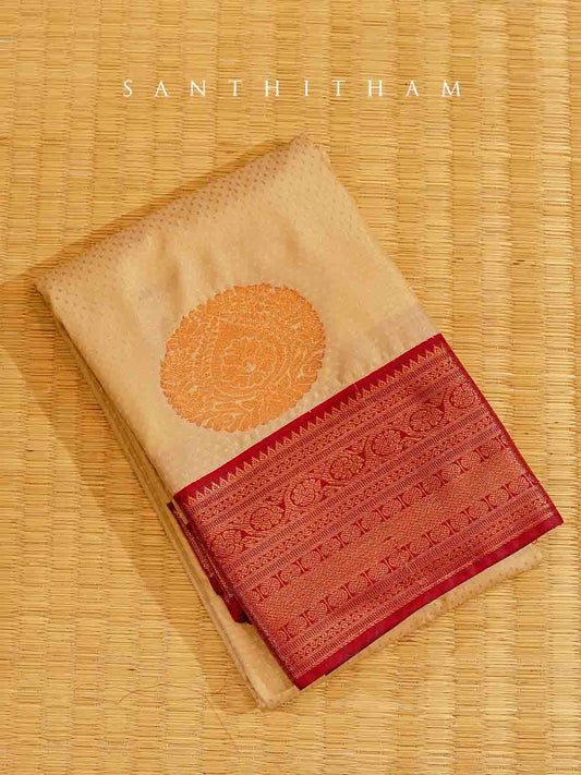 Sandalwood and Crimson Red Semi Silk Saree