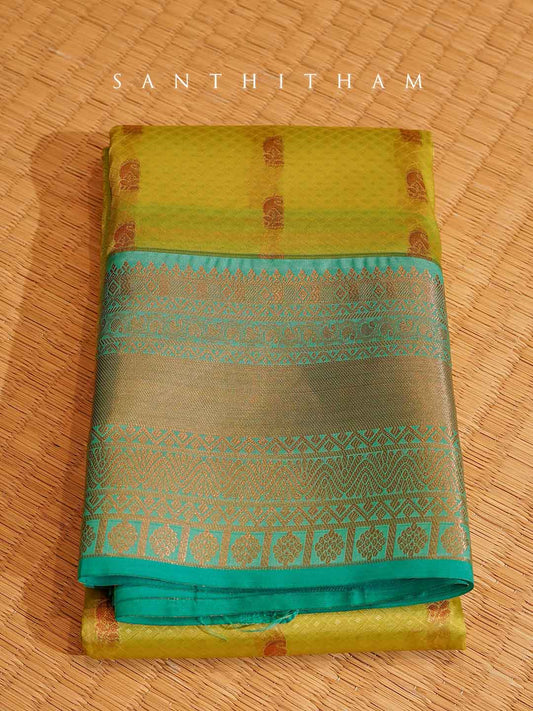 Mustard Yellow and Jade Green Semi Silk Saree