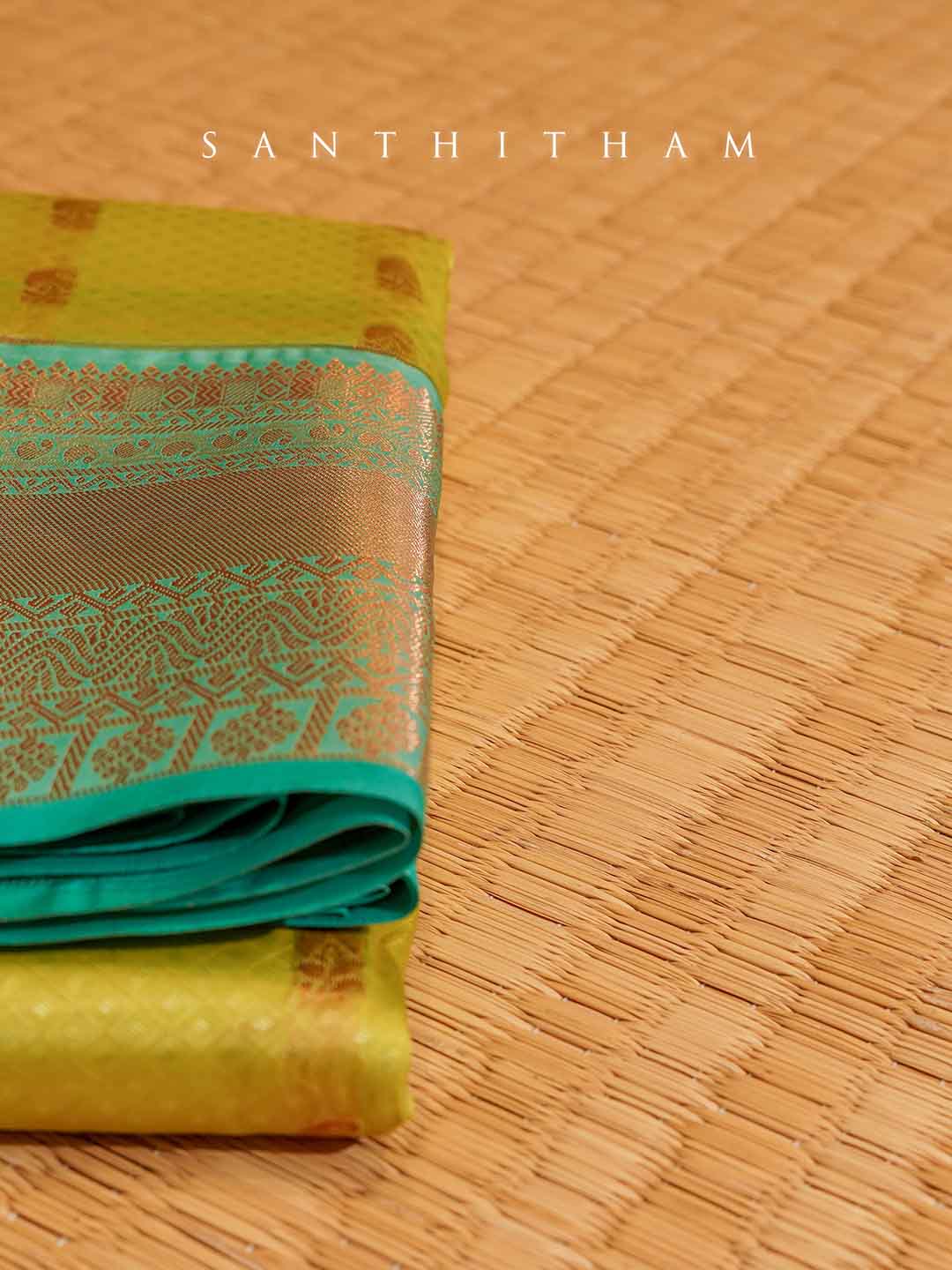 Mustard Yellow and Jade Green Semi Silk Saree