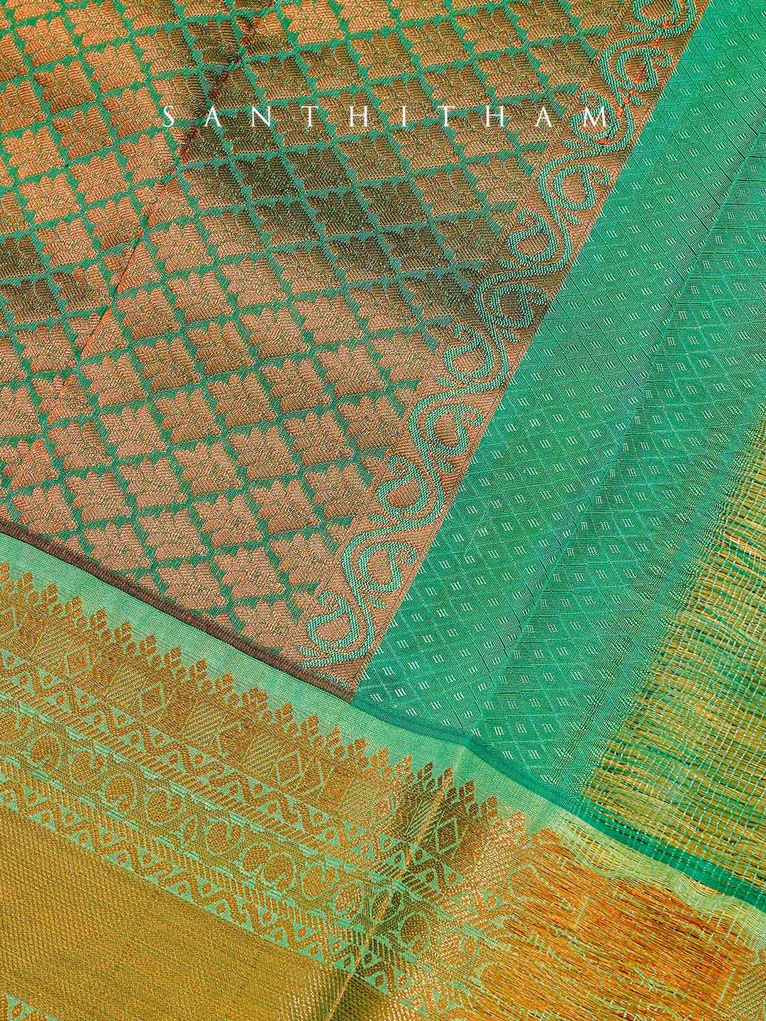 Mustard Yellow and Jade Green Semi Silk Saree