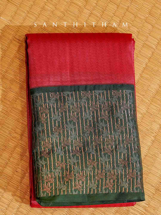 Pinkish Red and Forest Green Semi Silk Saree