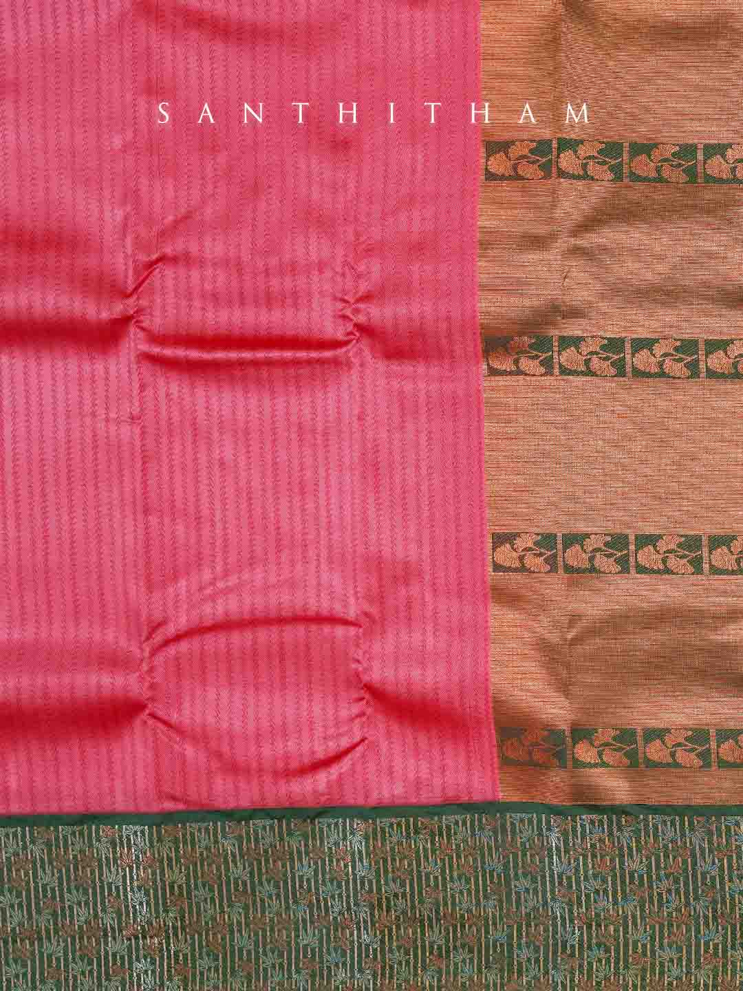 Pinkish Red and Forest Green Semi Silk Saree