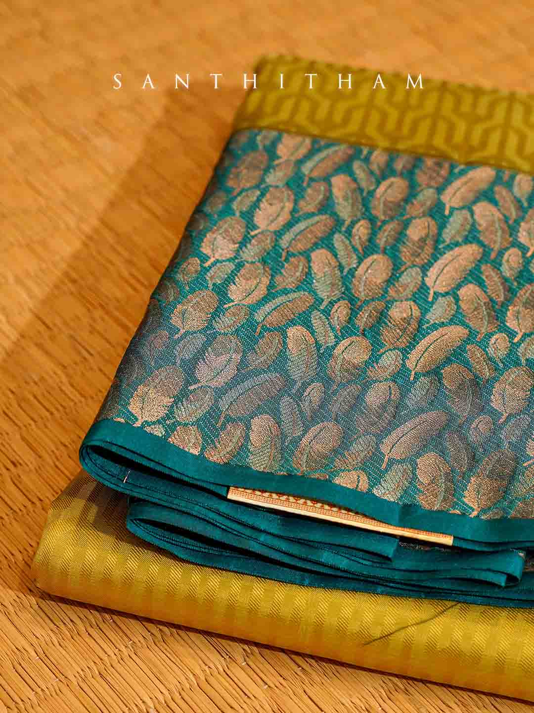 Honey Yellow and Teal Blue Semi Silk Saree