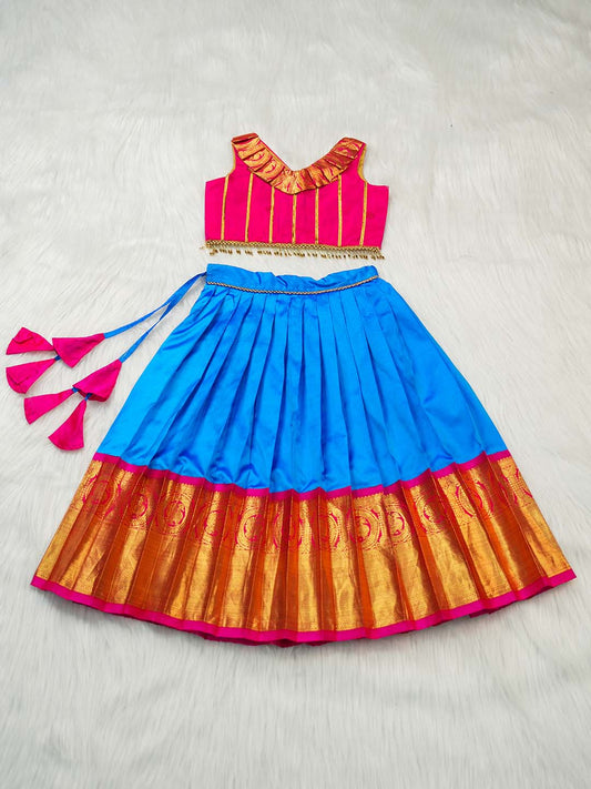 Hot Pink and Aqua Blue Kanchipuram Silk Pavadai Set