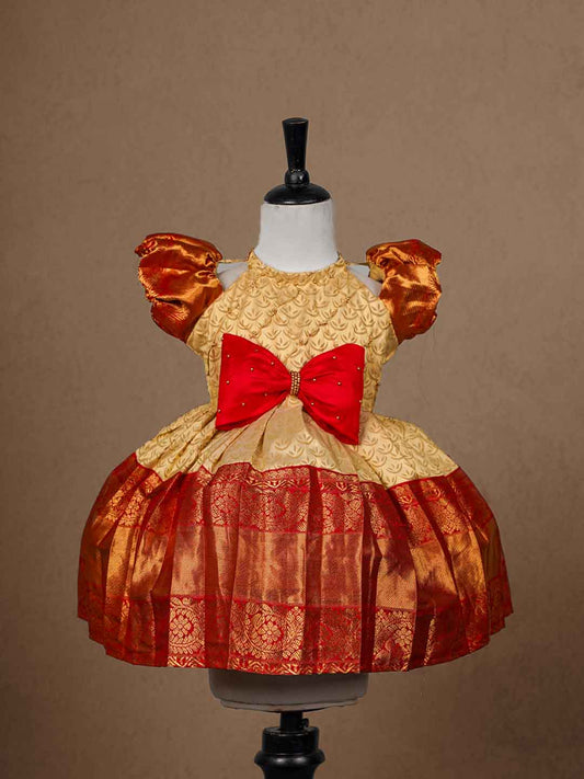 Exquisite Gold and Rich Red Raw Silk Children's Gown with Bow Accente