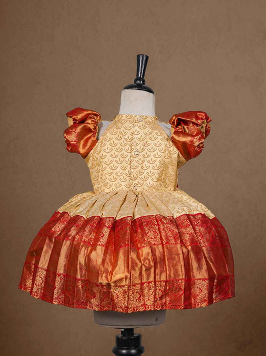 Exquisite Gold and Rich Red Raw Silk Children's Gown with Bow Accente