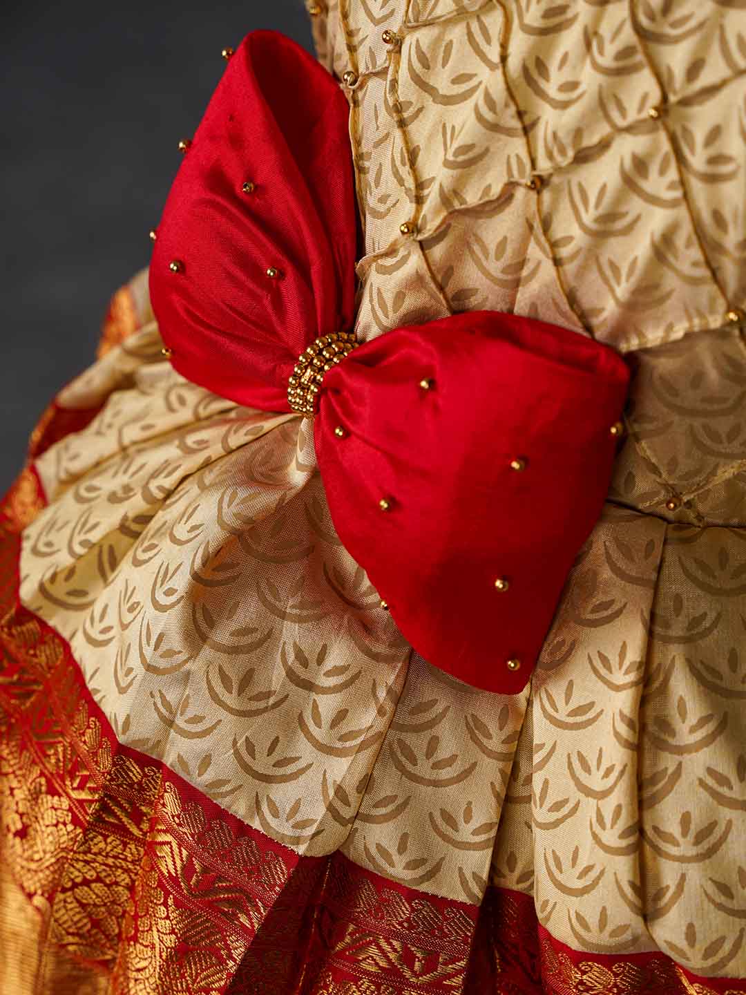 Exquisite Gold and Rich Red Raw Silk Children's Gown with Bow Accente