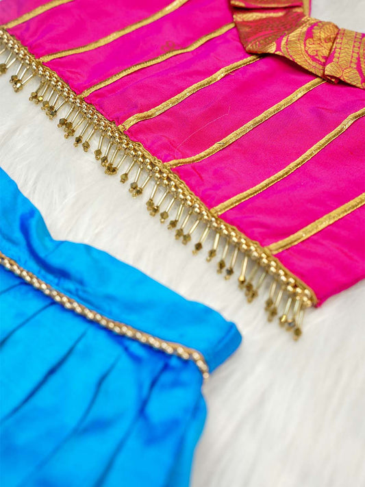 Hot Pink and Aqua Blue Kanchipuram Silk Pavadai Set