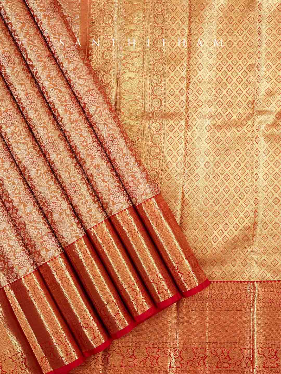 Carrot Orange and Scarlet Red Silk Saree