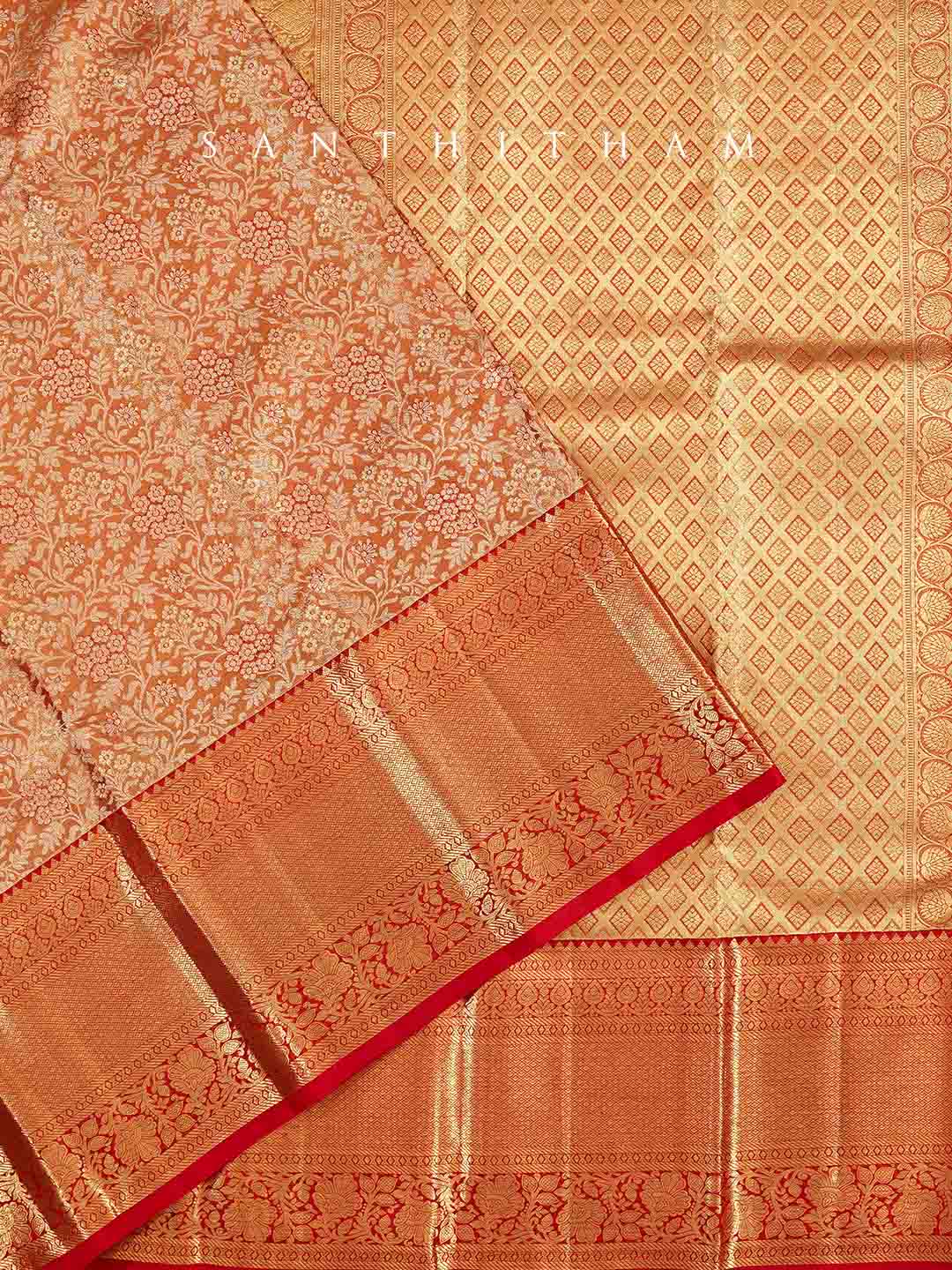 Carrot Orange and Scarlet Red Silk Saree