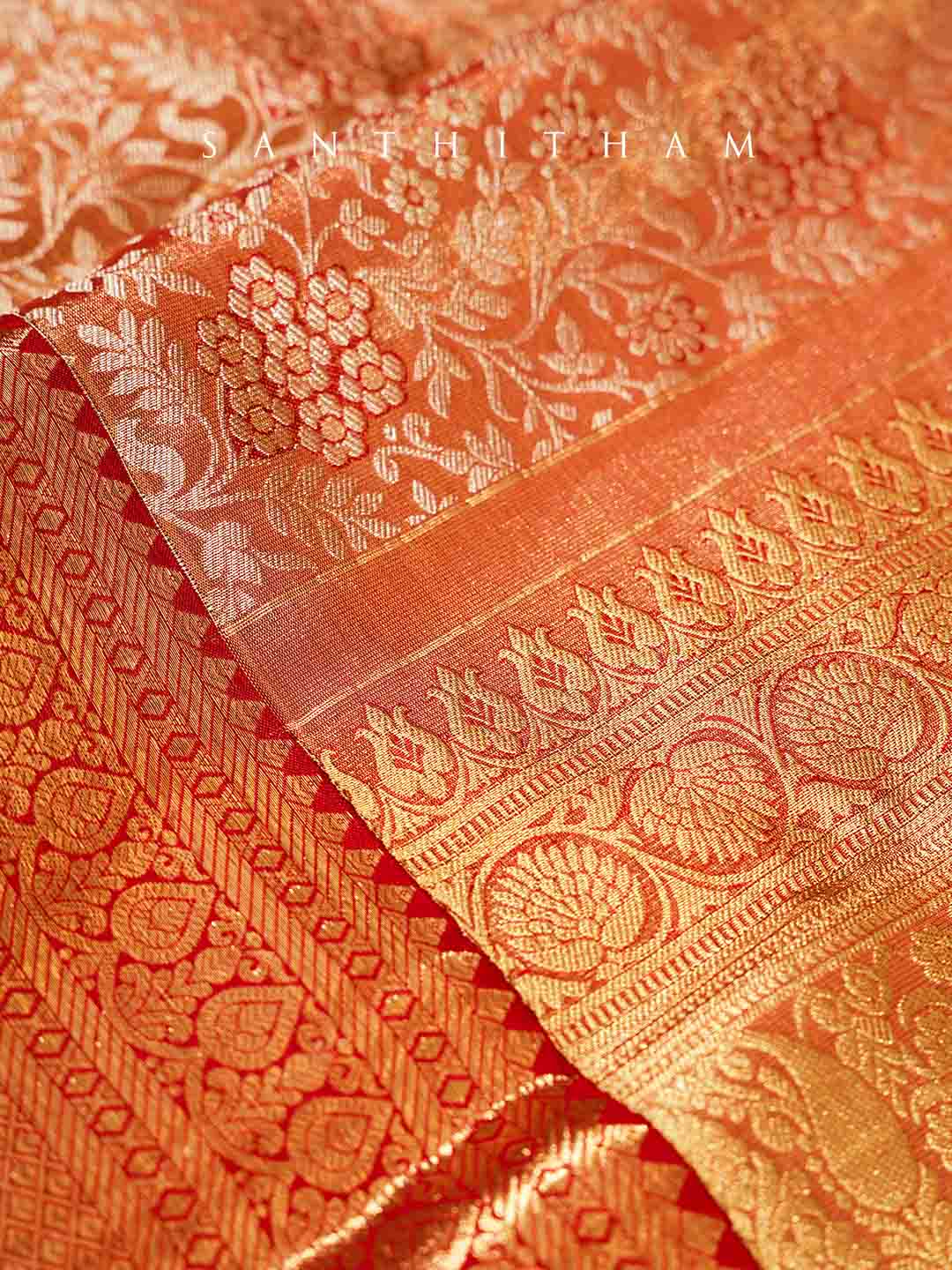 Carrot Orange and Scarlet Red Silk Saree