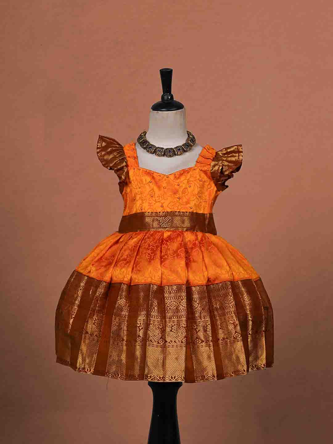 Vibrant Orange and Rich Cocoa Brown Raw Silk Children's Gown