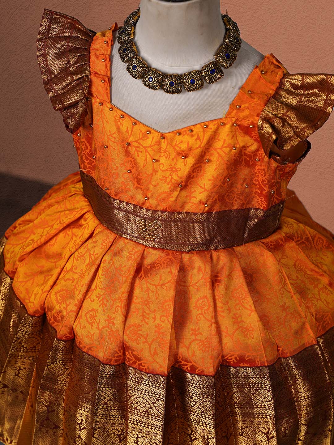 Vibrant Orange and Rich Cocoa Brown Raw Silk Children's Gown