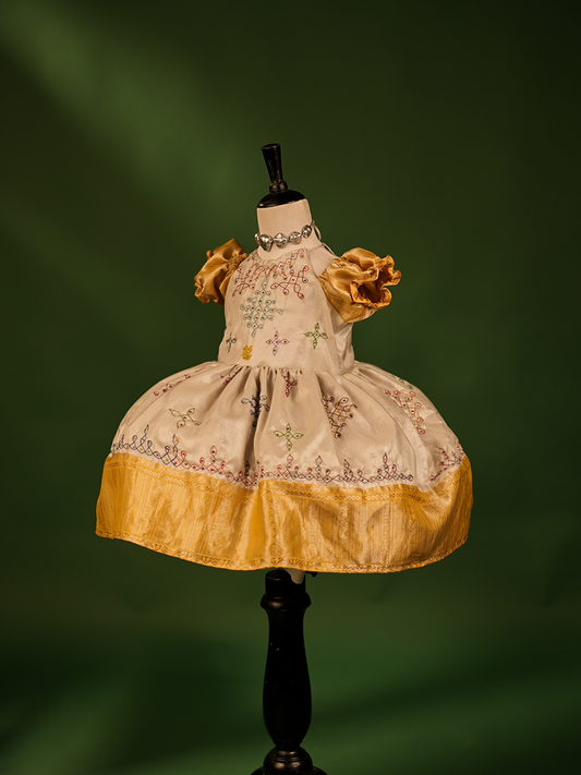 Silver Tissue Gown with Color Kolam Embroidery & Yellow Border – Handcrafted Elegance