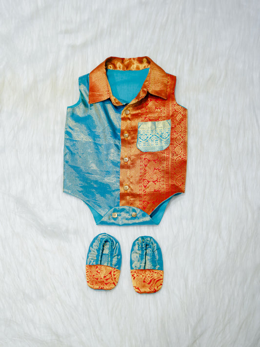 Teal & Copper Brocade Newborn Boy Romper with Booties