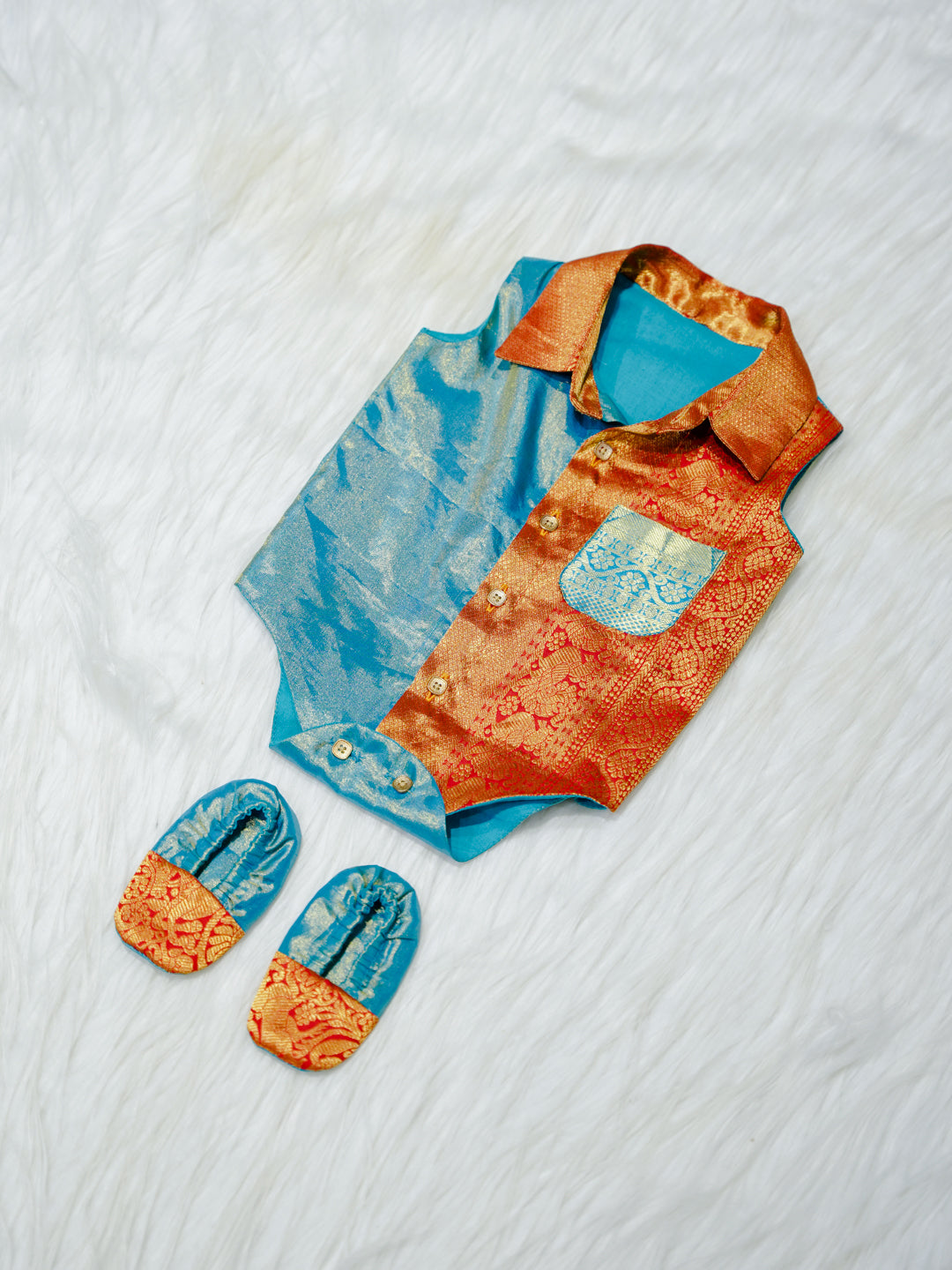 Teal & Copper Brocade Newborn Boy Romper with Booties