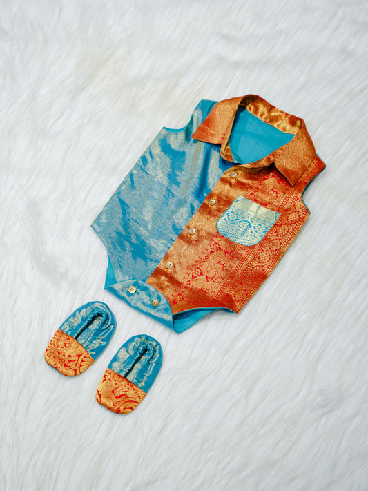 Teal & Copper Brocade Newborn Boy Romper with Booties