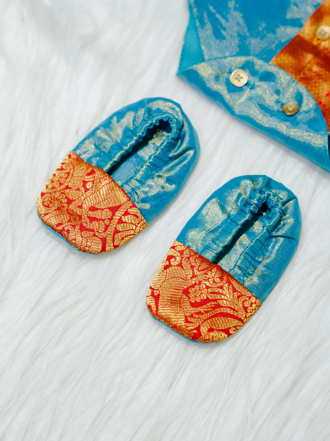 Teal & Copper Brocade Newborn Boy Romper with Booties