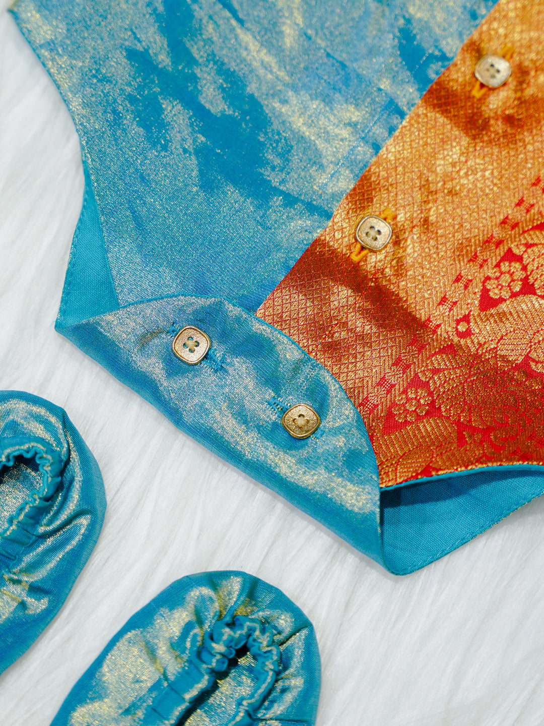 Teal & Copper Brocade Newborn Boy Romper with Booties