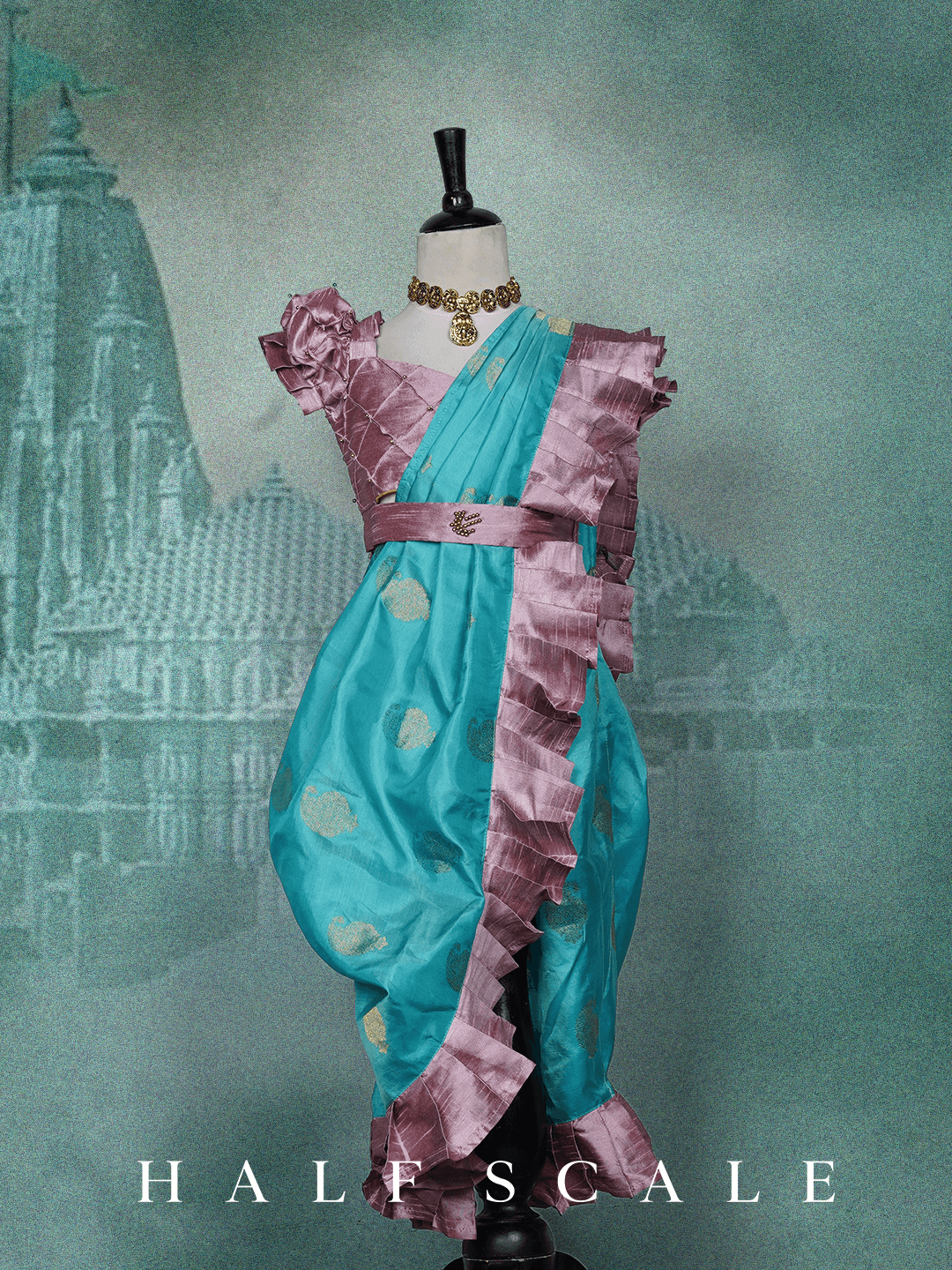 Sky Blue Nauvari Saree with pastel pink Frills