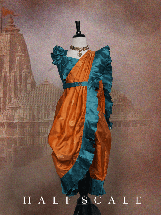 Orange Nauvari Saree with Blue Frills