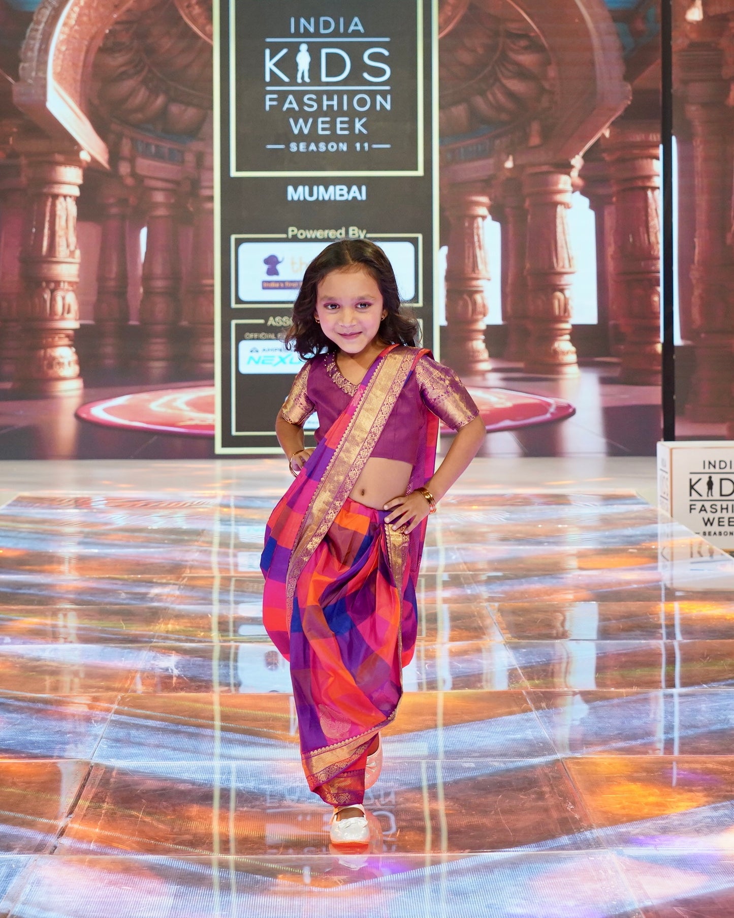 Red and Purple Fusion  Saree For Kids