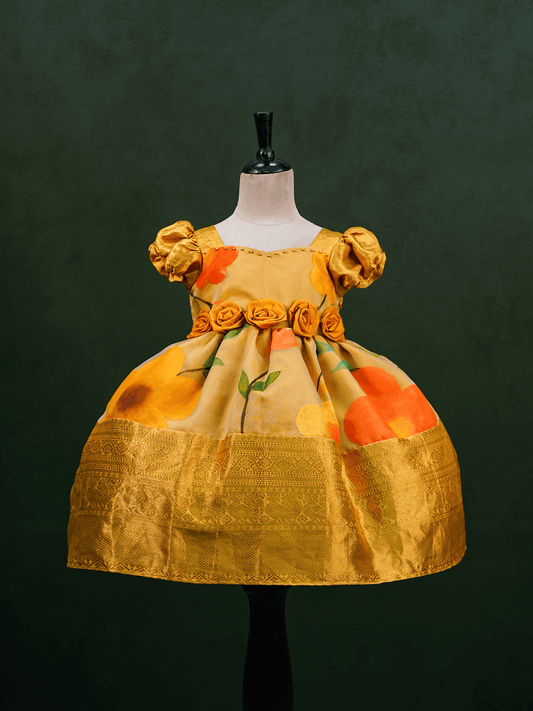 Hand Painted Yellow  Tissue Silk  Gown