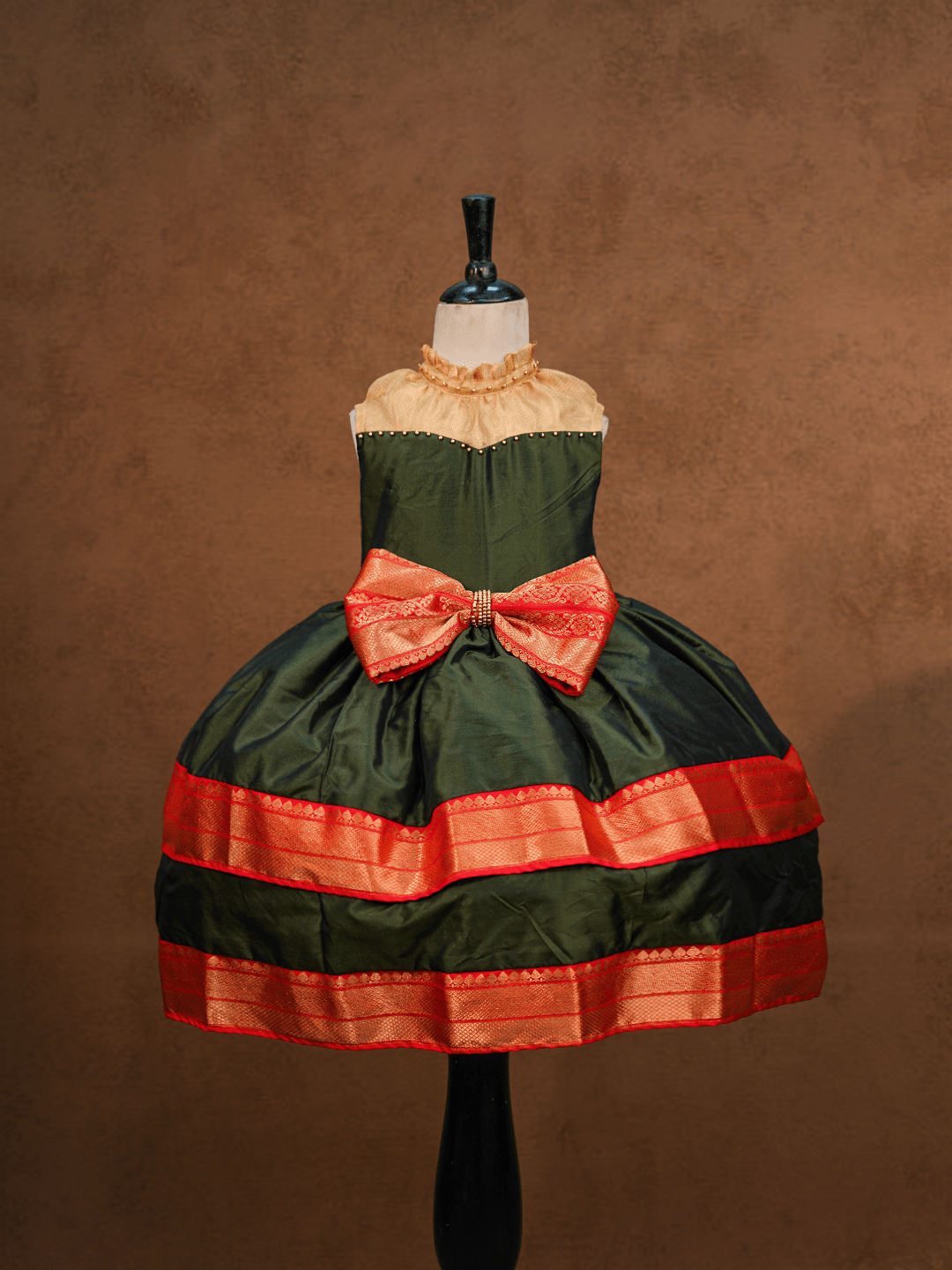 Bottle green  silk  Two-Tiered Kanjivaram Silk Gown