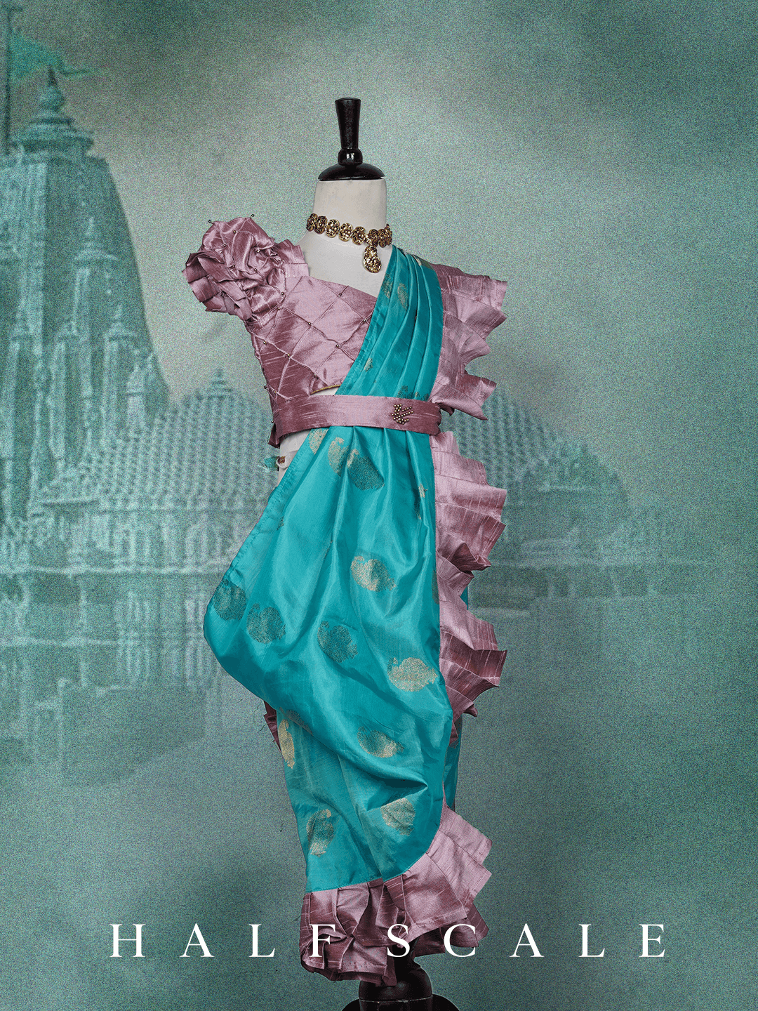 Sky Blue Nauvari Saree with pastel pink Frills