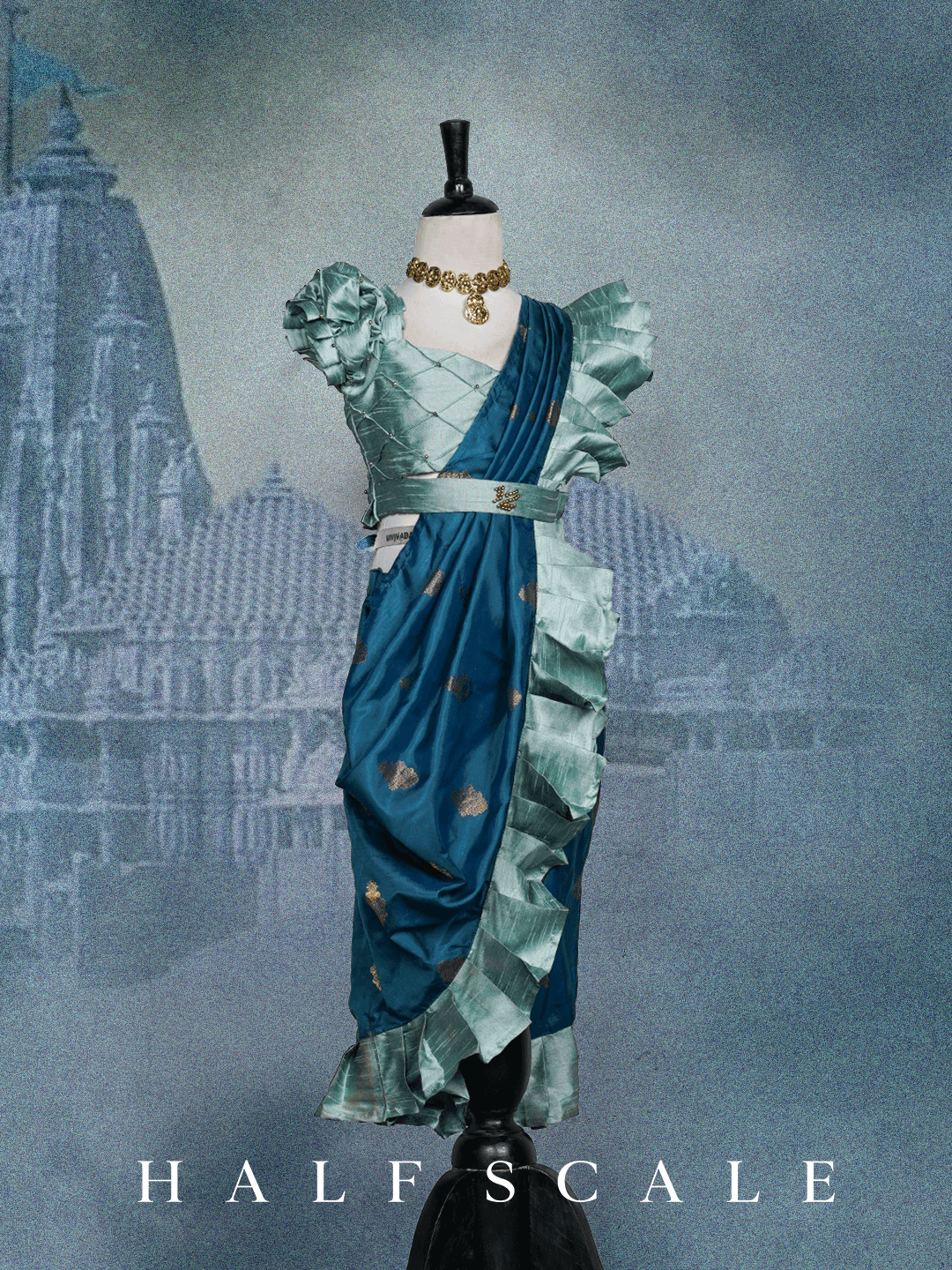 Blue Nauvari Saree with Stale Blue Frills